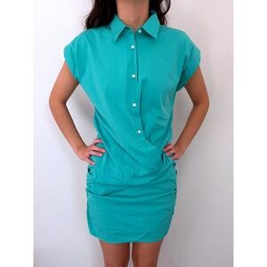 Sara Roka Teal Ruched Collared Button Up Mini Dress Medium Italy Designer Luxury